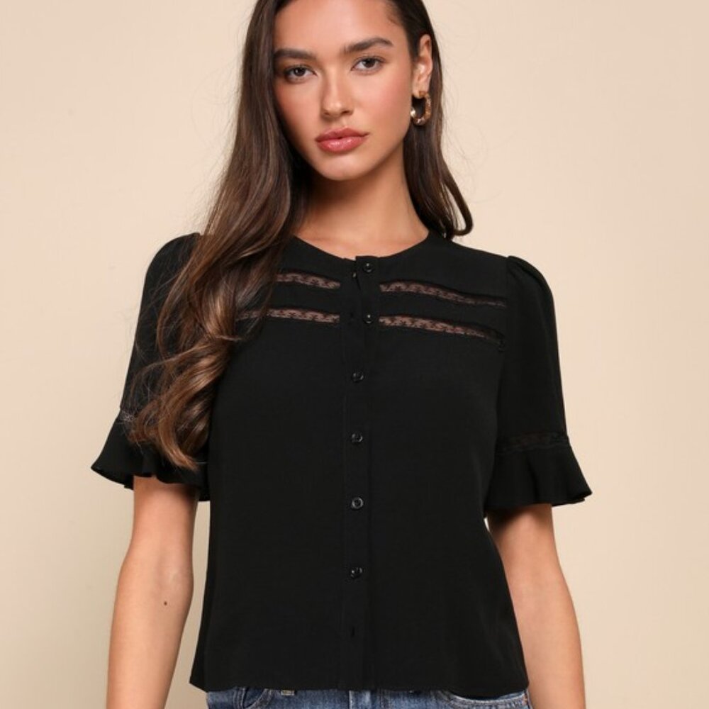 Lulus Remarkably Charismatic Black Lace Short Sleeve Button-up Top - Size XS